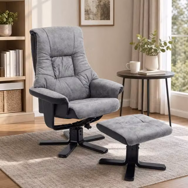 STILVORA Grey Microfibre Recliner Armchair with Ottoman and 360 Degree Swivel Function