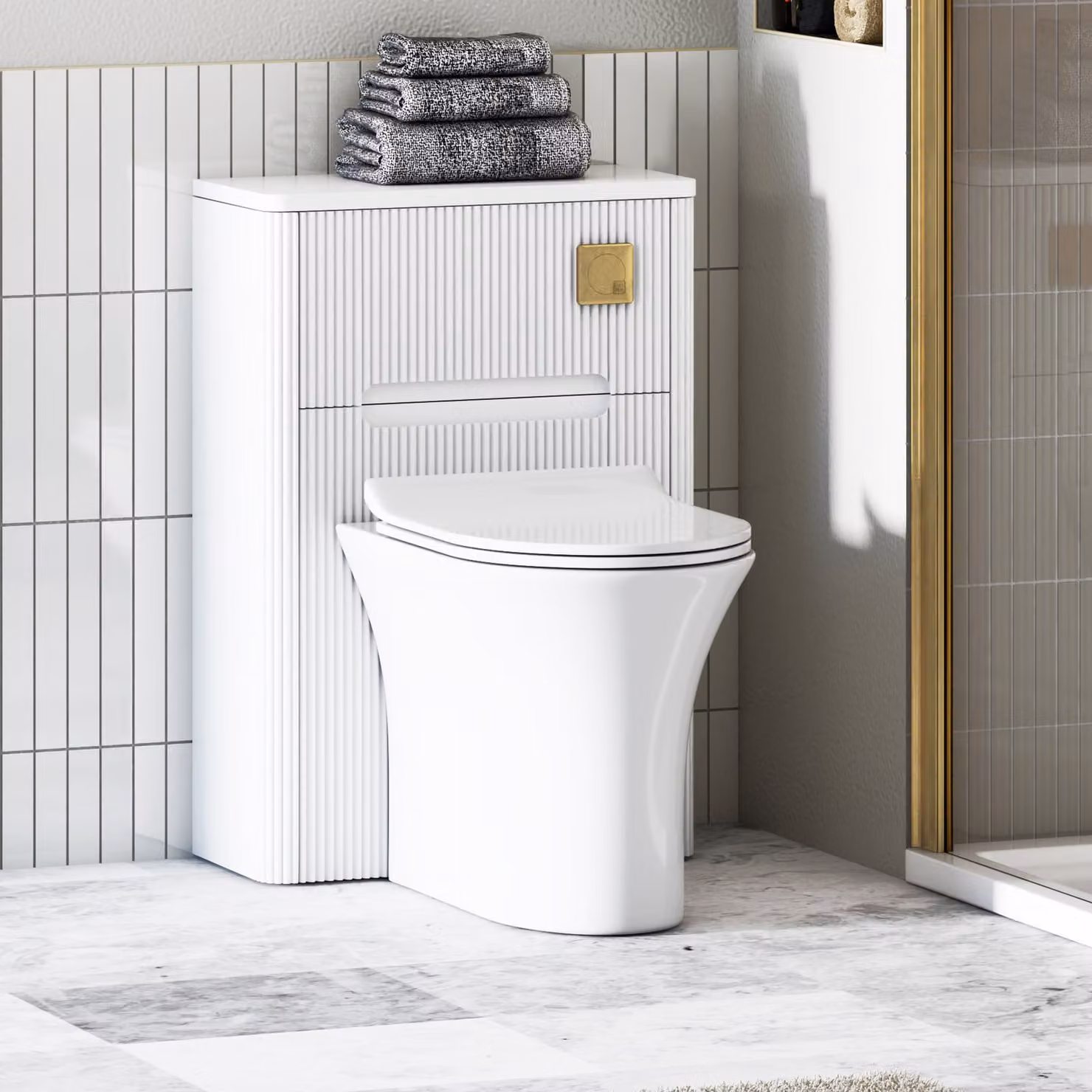 Avenza Matte White Wall Mounted BTW WC Unit with Breeze Rimless Ceramic Toilet Pan, Slim Soft Close Seat and Cistern, Width: 55 cm