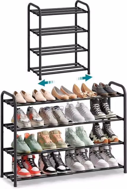 SONGMICS 4 Tier Expandable Metal Shoe Rack in Matt Black