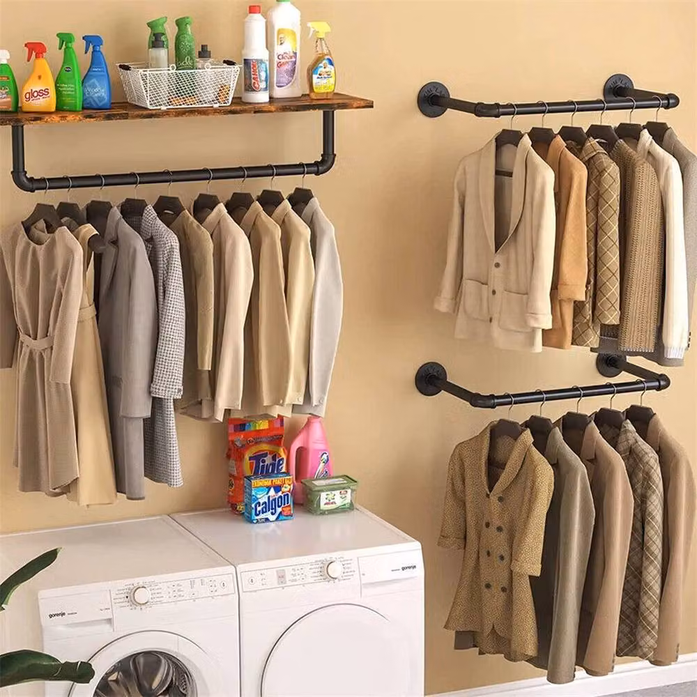 FLAVORA 2-Piece Matt Black Industrial Metal Pipe Clothes Rail Rack, Height: 92 cm – 2
