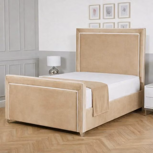 Living Comfort Bedz Verona Upholstered Velvet Gas Lift Storage Bed Frame in Beige, W/D/H: 120 x 200 cm