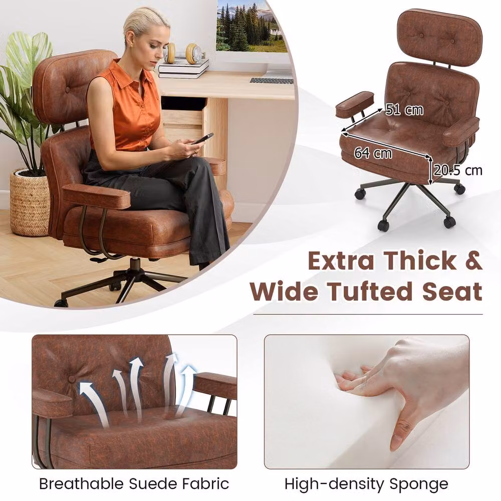 Gymax Brown Suede Fabric Home Office Task Chair with Headrest, Armrests and Swivel Castors – 8