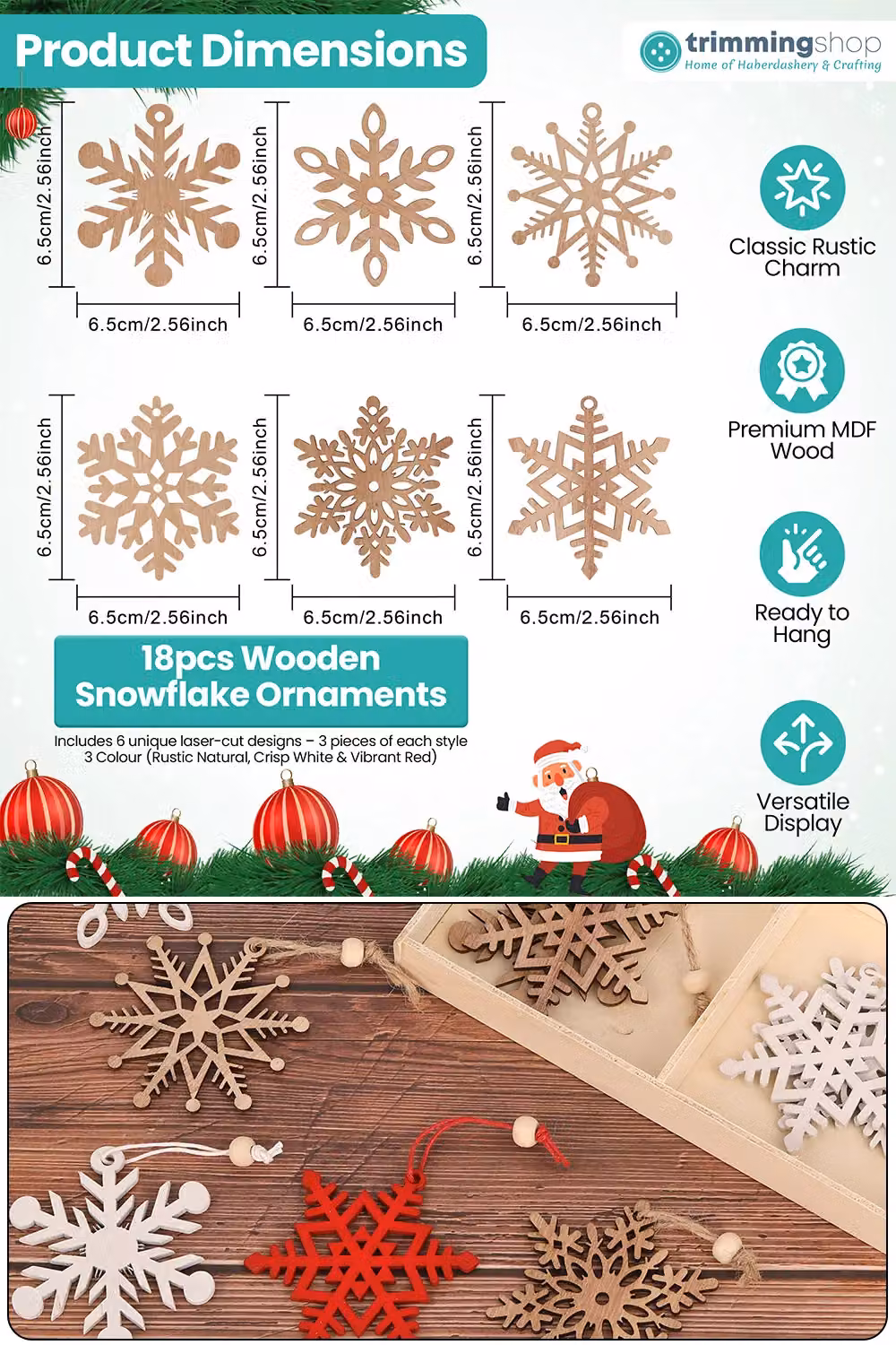 Neel Blue Rustic Wooden Snowflake Christmas Hanging Ornaments, 18 Pieces in White, Red and Multicolour – 2
