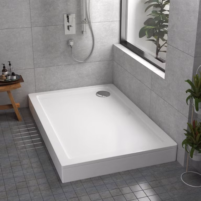 Apex White Rectangular Mineral Cast Stone Shower Tray with Riser Kit W: 100 cm, D: 90 cm, H: 3 cm