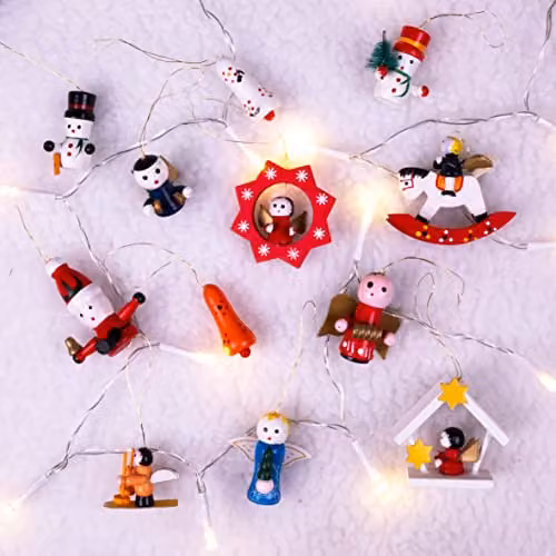 Netagon Vintage Wooden Christmas Hanging Decorations, Pack of 12 Multicolour Angel and Snowman Pendants