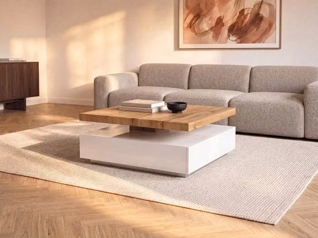 Vente-unique Modern MDF Coffee Table with 1 Drawer and Swivelling Tray in White and Light Oak, W/D/H: 80 x 50 x 42 cm