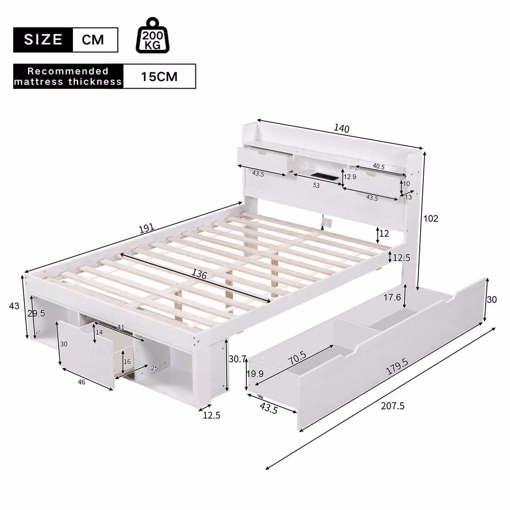 STILVORA Double Bed with USB Charging Port and Side Compartment Storage in White, W/D/H: 140 x 200 cm – 3