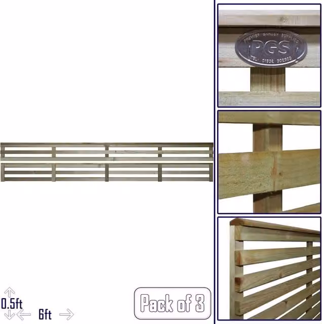 Premier Garden Supplies Capped Horizontal Trellis Panel, Pressure Treated Tanalised Wood, Green or Brown, W: 183 cm, H: 15 cm, Pack of 3