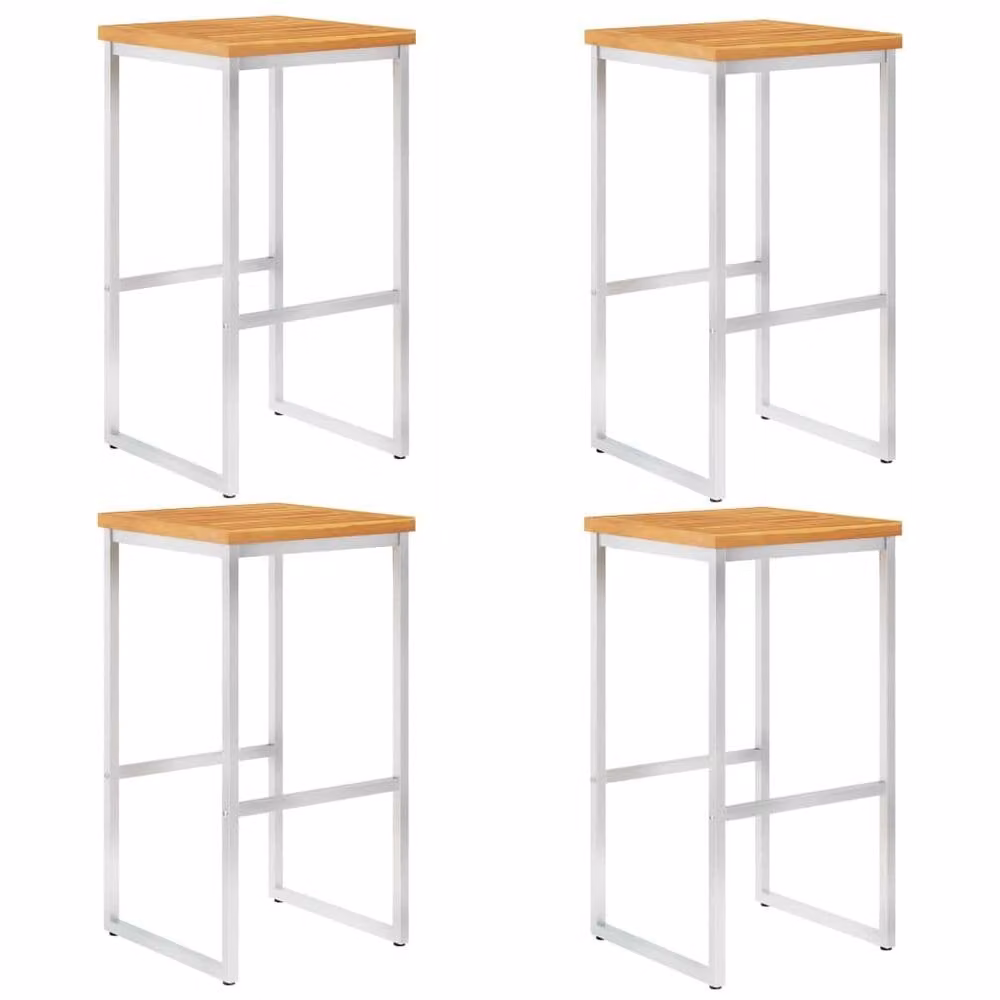 Berkfield Home Set of 4 Modern Bar Chairs in Brown Solid Acacia Wood and Stainless Steel