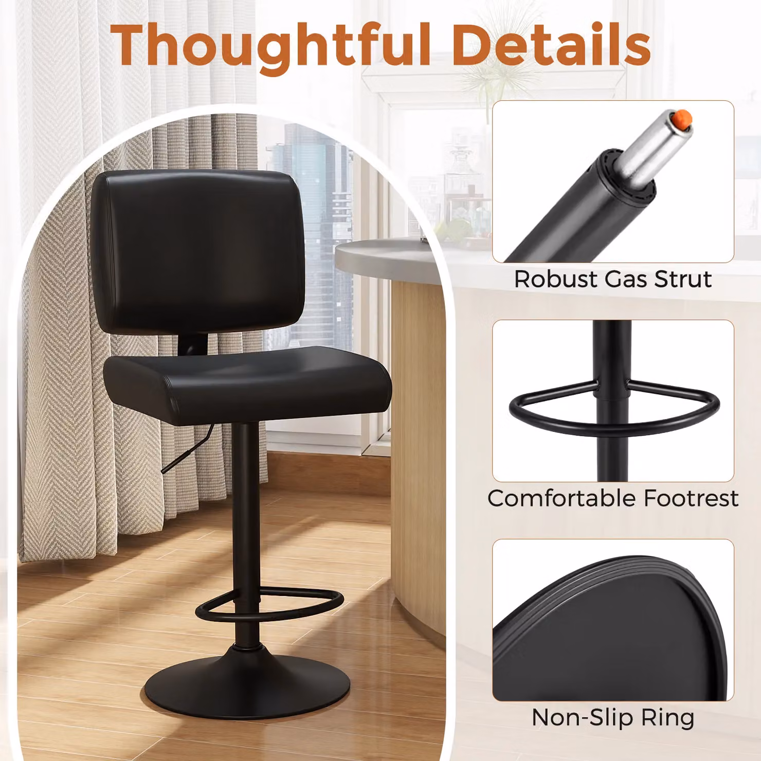 Gymax Set of 2 Modern Black Swivel Bar Stools with Adjustable Height and Synthetic Leather Upholstery – 9