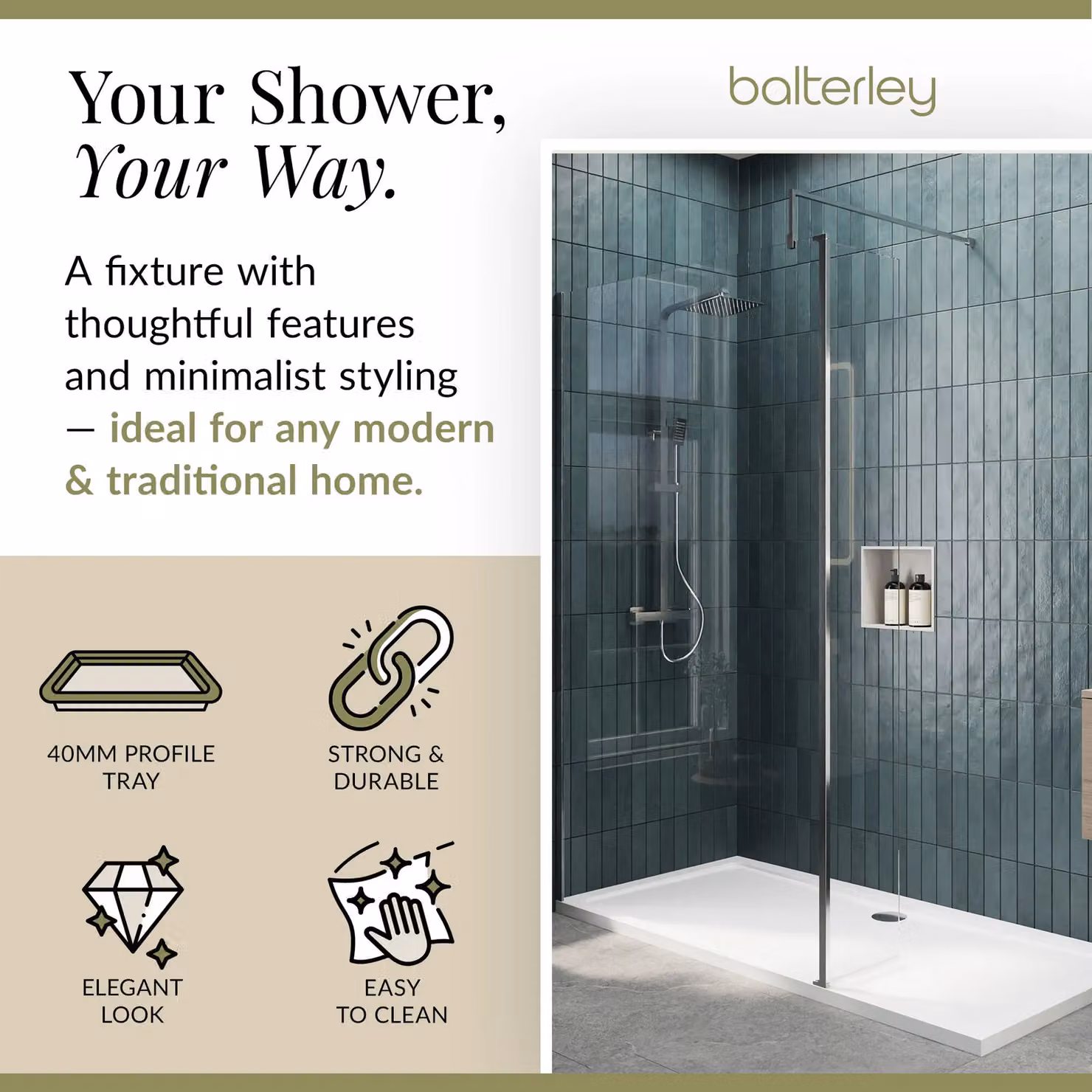 Balterley 8mm Glass Walk-In Wetroom Screen and Return with Tray, Silver, W: 140 cm, D: 70 cm – 2