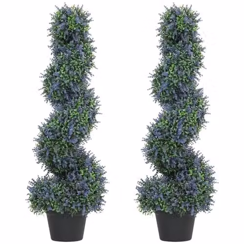 HOMCOM Set of 2 Artificial Lavender Spiral Topiary Trees in Pots, Purple, Height: 90 cm – 1