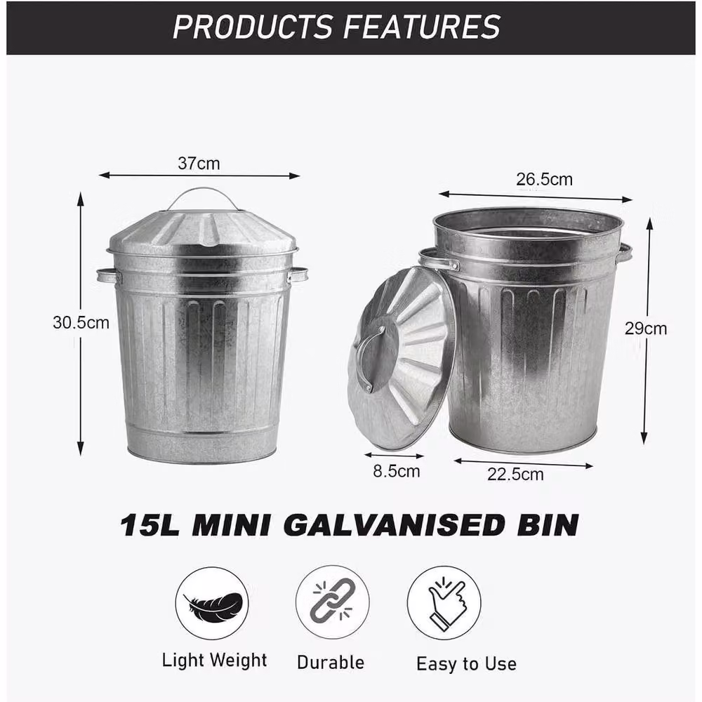 EONLION 15 Litre Metal Anti-Rust Waste and Recycling Bin with Flip Lid, Silver – 2