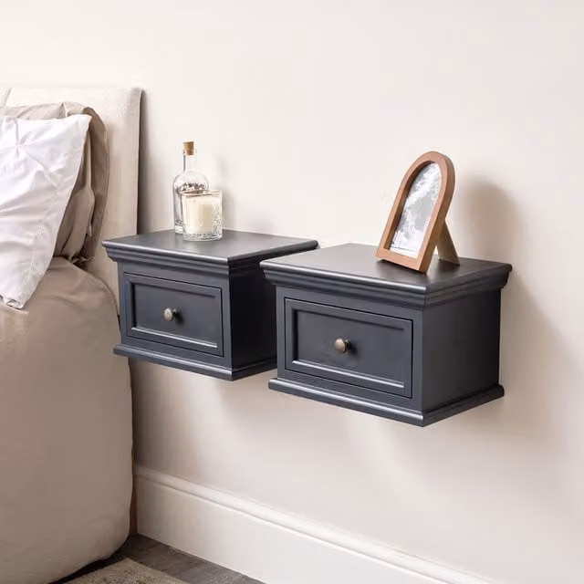 Melody Maison Daventry Pair of Wall Mounted Bedside Tables in Navy Blue, Black and Off-White