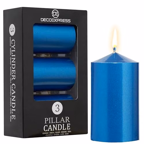 Deco Express Unscented Pillar Candle Set, Pack of 3, Metallic Blue – 1