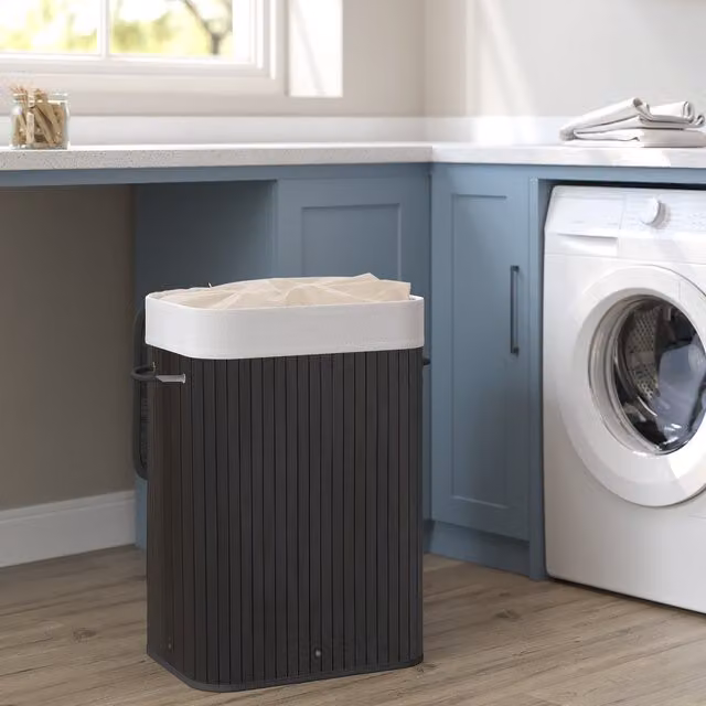SONGMICS Bamboo Laundry Basket with Lid and Removable Bag, 72 Litres, Black, W: 40.0 cm, D: 40.0 cm, H: 60.0 cm