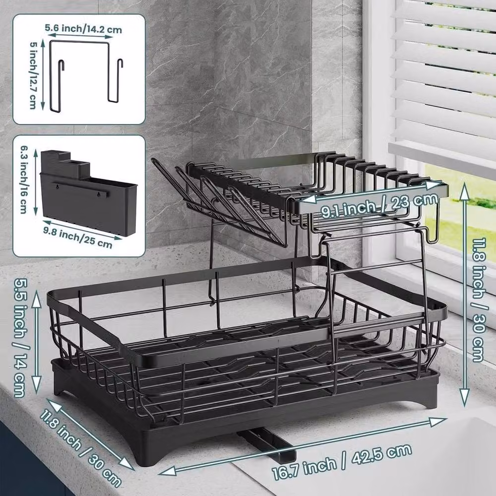 KORVIXA 2 Tier Black Dish Drainer Rack with Cutlery Holder and Drip Tray – 2