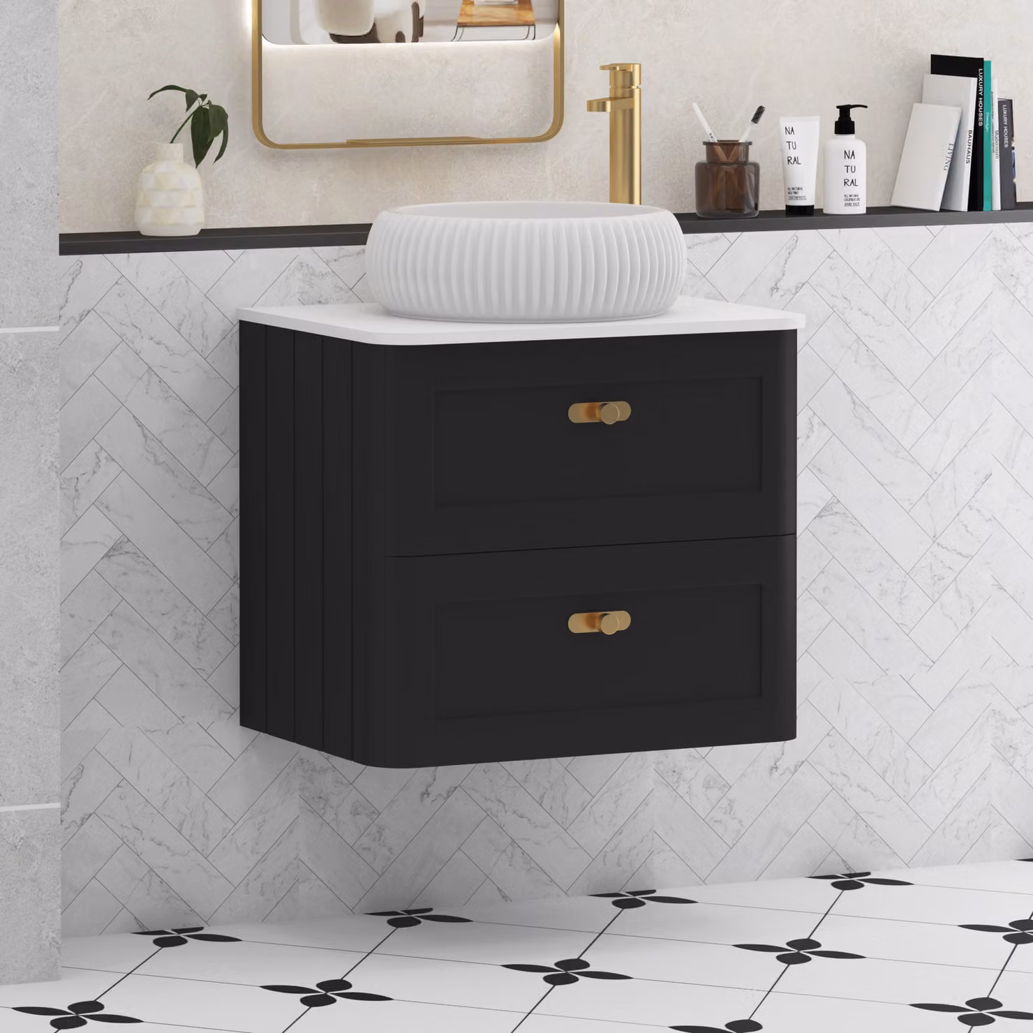 Royal Bathrooms Henley 600mm Wall Hung Vanity Unit in Matt Nocturne Black with 2 Drawers, Plain White Worktop, Milan Basin and Brushed Brass Knob