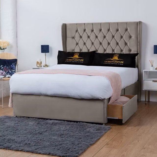 UK Bed Furniture Mary Wingback Divan Bed with 2 Drawers and 54 Inch Headboard in Light Beige, Super King, W/D/H: 200 x 167.64 x 137.16 cm