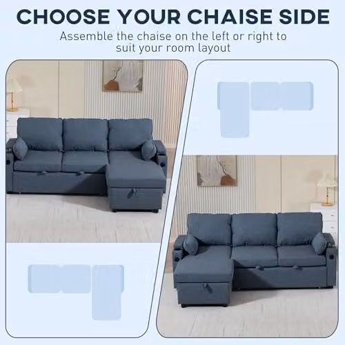 HOMCOM L-Shaped 3 Seater Corner Sofa Bed in Blue with Reversible Storage Chaise and USB Charging, W/D/H: 205.0 x 136.5 x 85.0 cm – 5