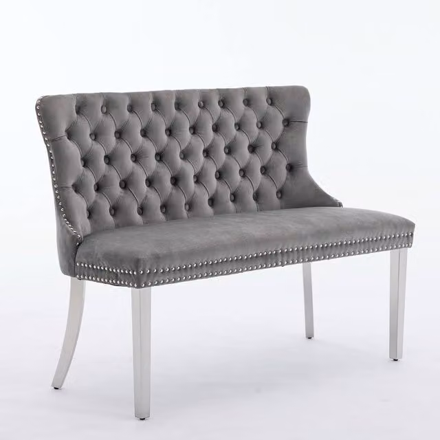 HomeTouch Grey Velvet Double Dining Bench Loveseat with Chrome Steel Legs – 1