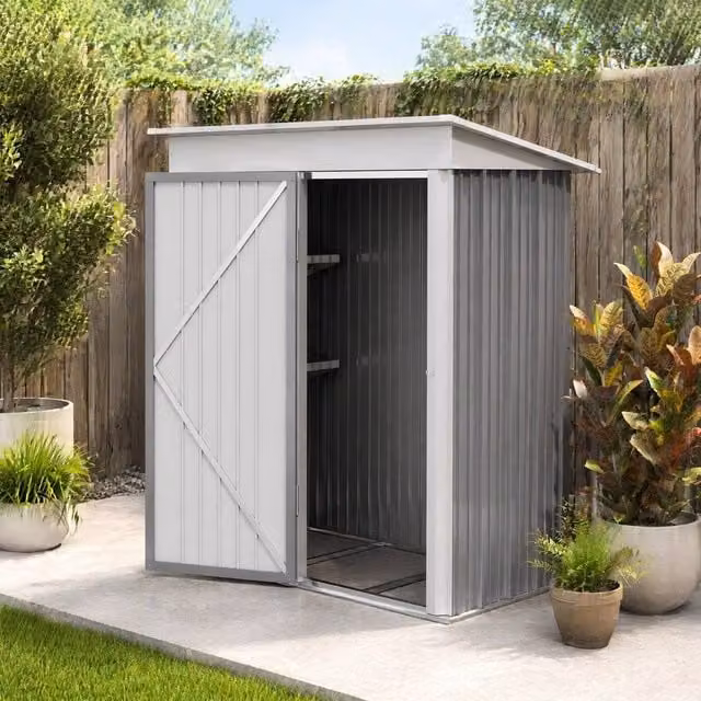 STILVORA Grey Steel Pent Garden Shed with Shelving and Lock, Height: 161 cm