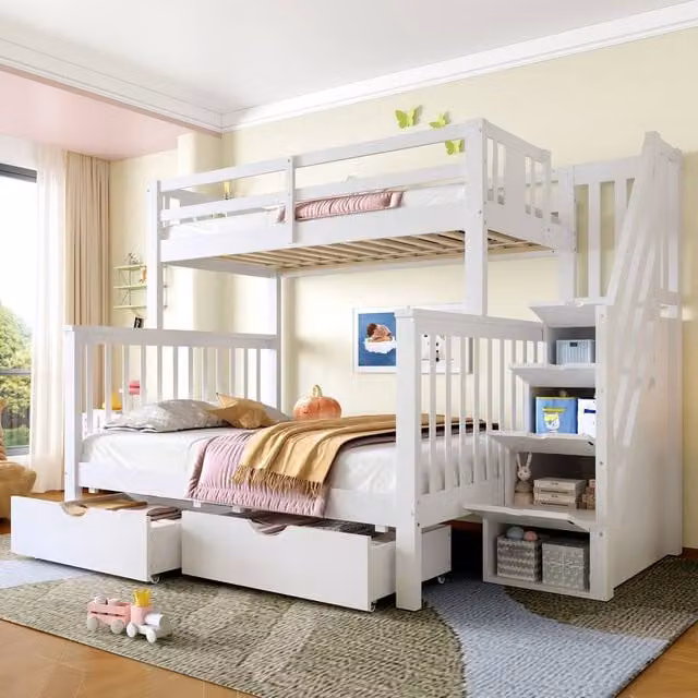 Matteo Children's Double High Sleeper Bunk Bed in White Solid Wood with Stairs and Drawers – 1