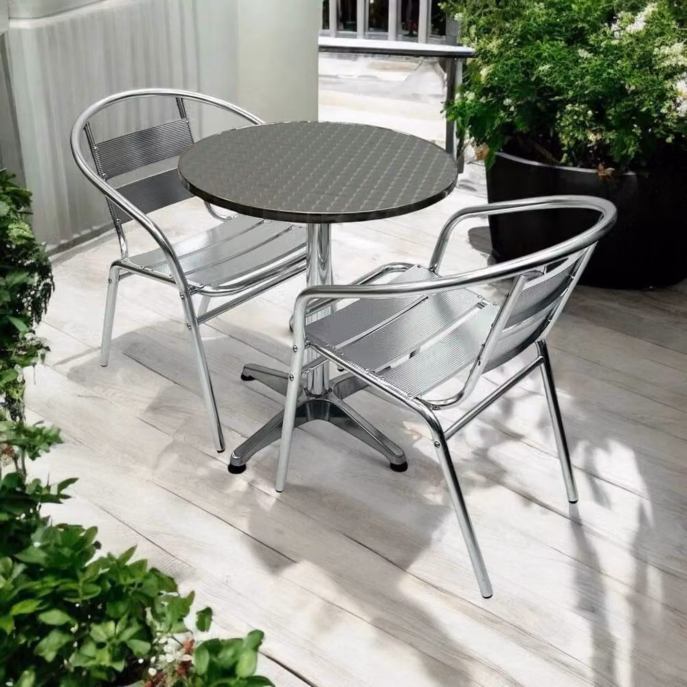 NESTLUNE Garden Bistro Set with 2 Silver Aluminium Chairs and 1 Round Metal Table – 2