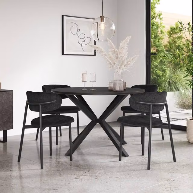 More4Homes Calne Round Ceramic Dining Table and 4 Myla Linen Chairs in Black, Diameter: 120 cm, Height: 75 cm