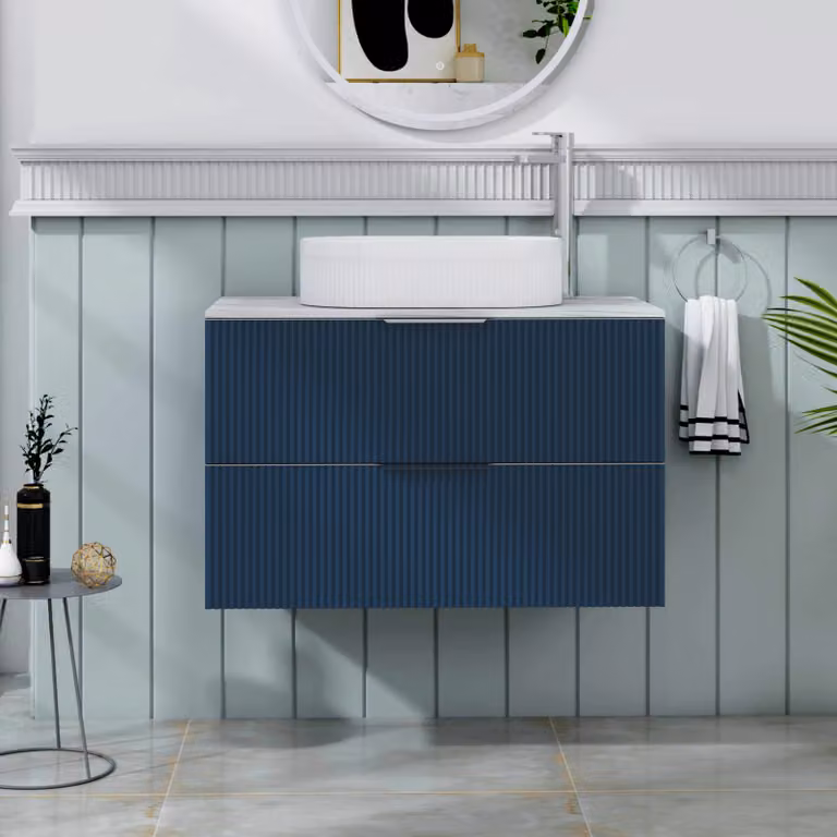 Royal Bathrooms Evora 800mm Midnight Blue Fluted Wall Hung Countertop Vanity Unit with 2 Drawers and Lyon Basin