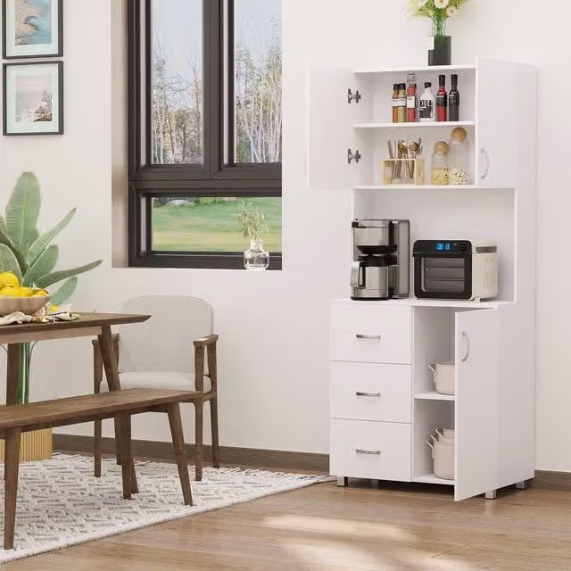 HOMCOM Tall White Wooden Kitchen Storage Cabinet with Drawers and Open Shelving, H 183.5 x W 48.7 x D 39.5 cm