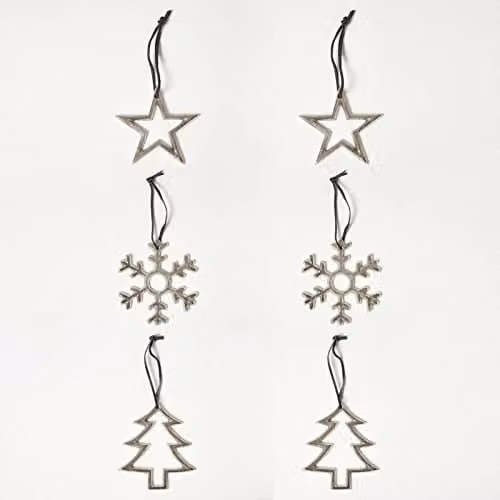 Homescapes Set of 3 Metal Christmas Hanging Ornaments in Silver and Gold