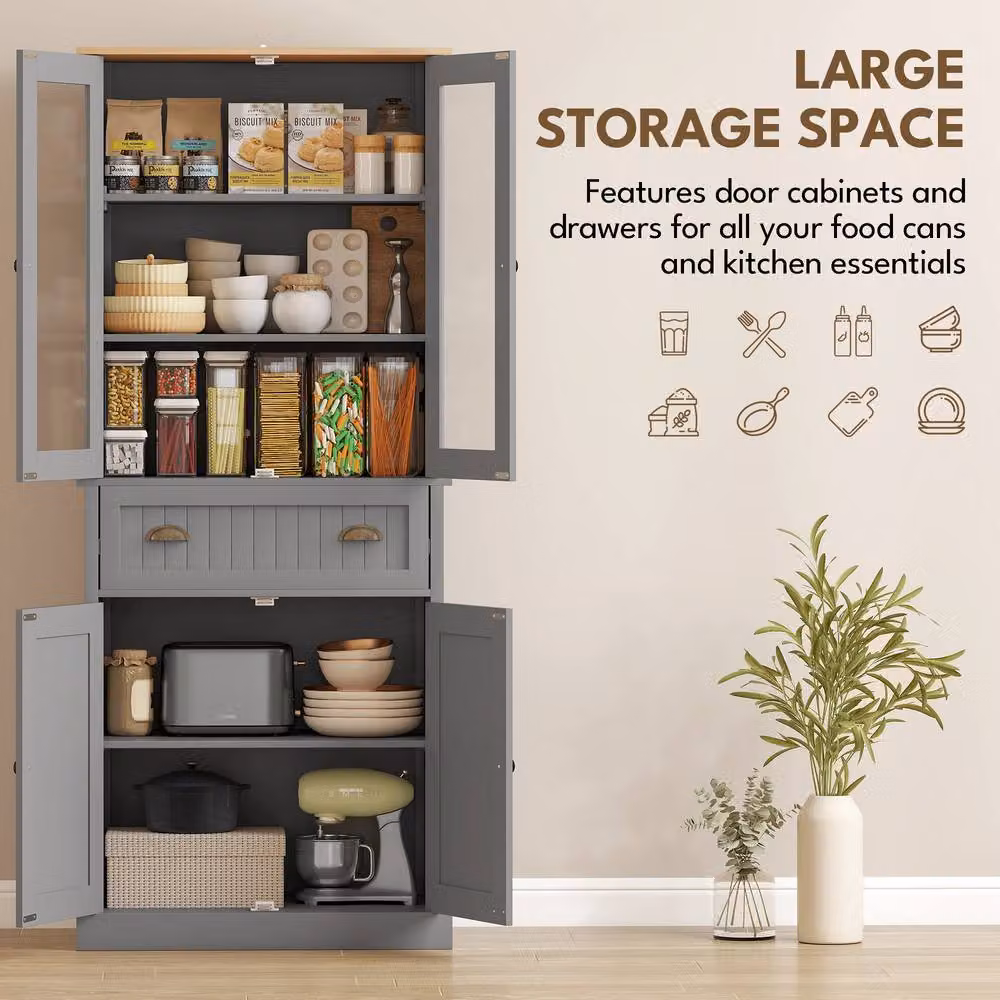 STILVORA Grey Matt Kitchen Pantry Cupboard with Glass Doors and Internal Shelves – 6