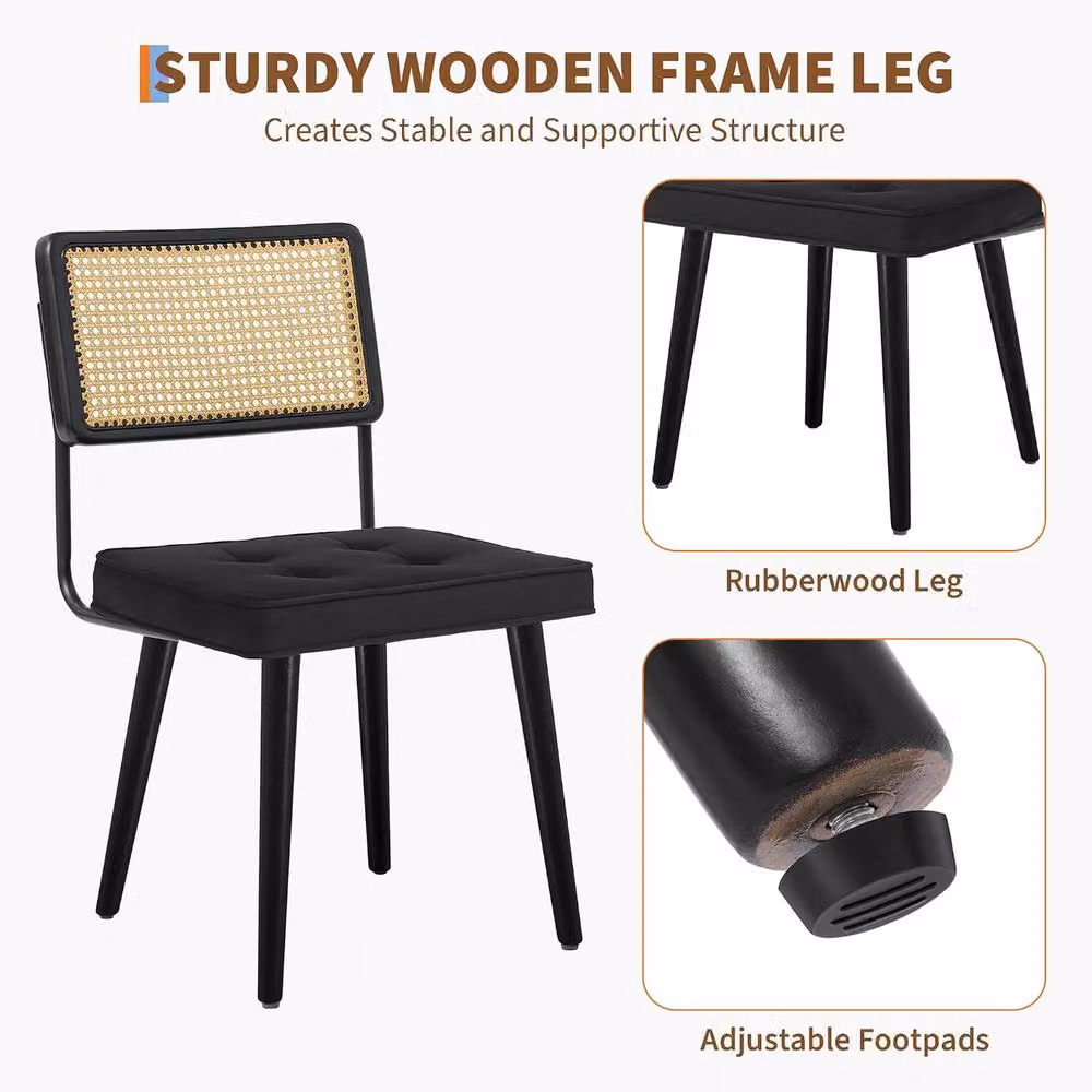 London Boutique Set of 2 Black Velvet Upholstered Rattan Dining Chairs with Rubberwood Legs – 3