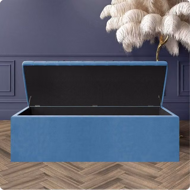 R&M Furnishers Duck Egg Blue Striped Plush Velvet Upholstered Blanket Chest and End of Bed Bench