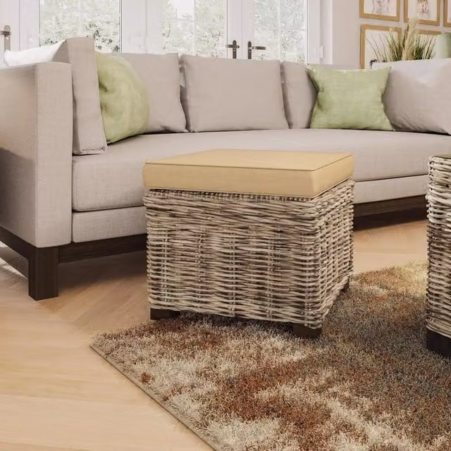 FWStyle Rustic Solid Pine and Rattan Padded Storage Ottoman Stool in Brown – 1