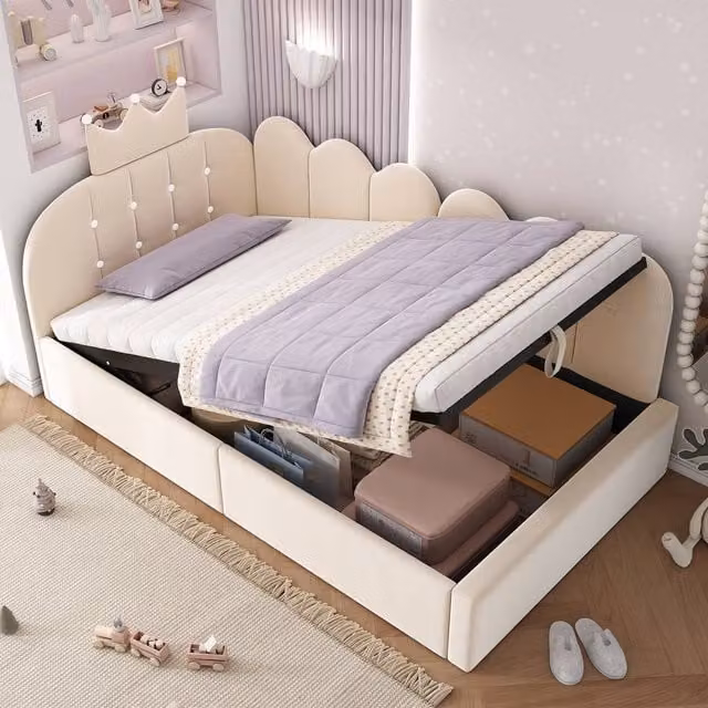 BTM Single Daybed Upholstered Velvet Sofa Bed with Hydraulic Storage, Beige, W/D/H: 190 x 90 x 96 cm – 1