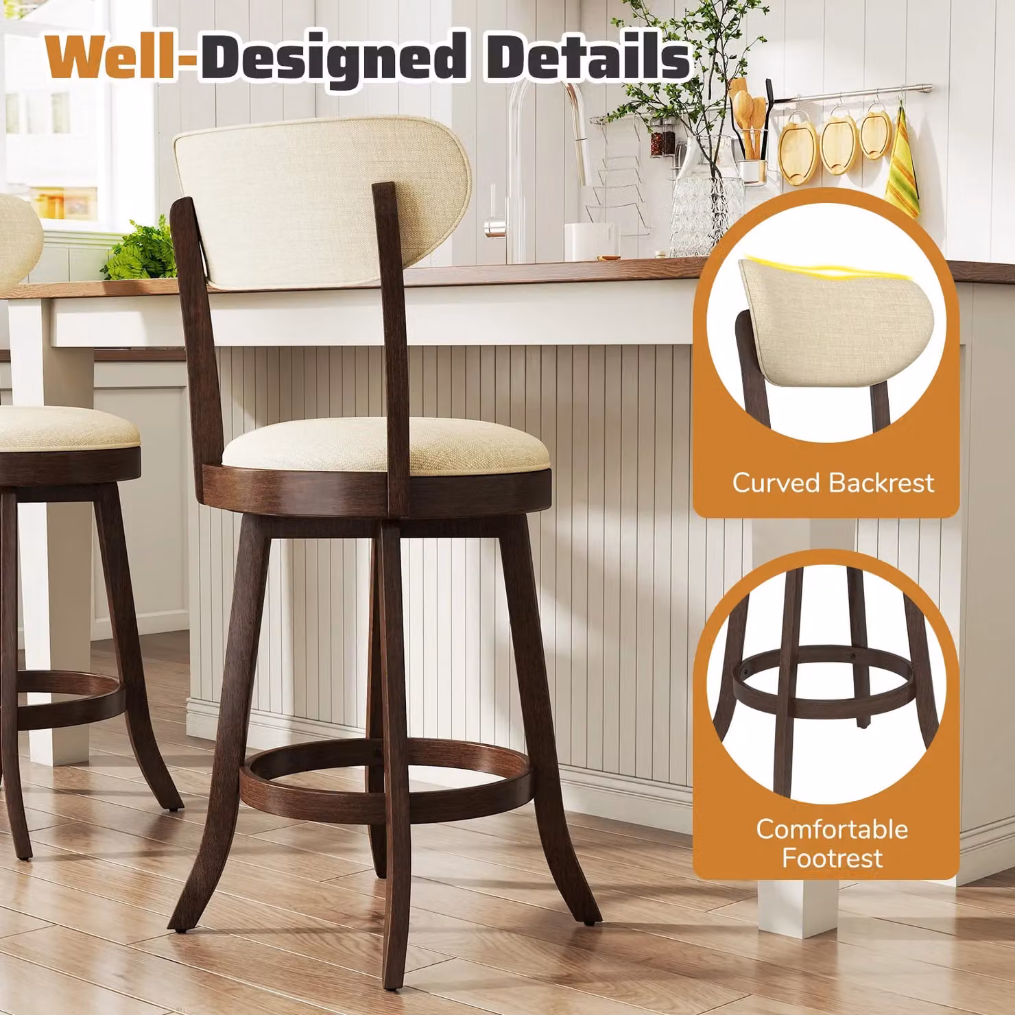 Costway Set of 2 Beige Fabric Swivel Counter Height Stools with Rubberwood Legs – 5