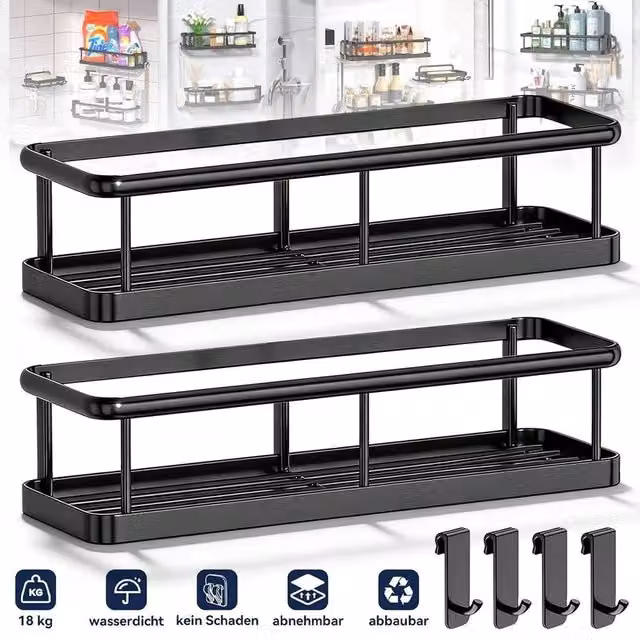 NESTLUNE Black Metal Wall Mounted Shower and Storage Rack with Hooks – 1
