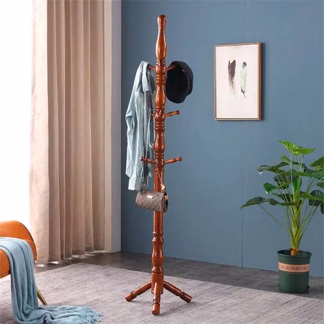 Nordara Vintage Solid Wood Coat Stand in Brown with Glossy Warm Walnut Finish, H: 185 cm, W: 43 cm, D: 43 cm – 1