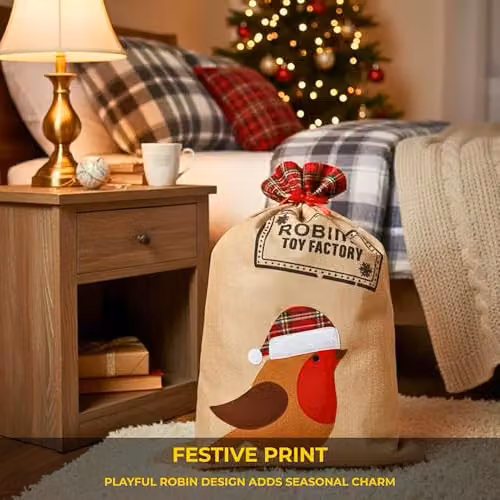 Shatchi Large Robin Santa Sack in Multicolour Burlap Hessian Linen, W/D/H: 70 x 50 x 50 cm – 5