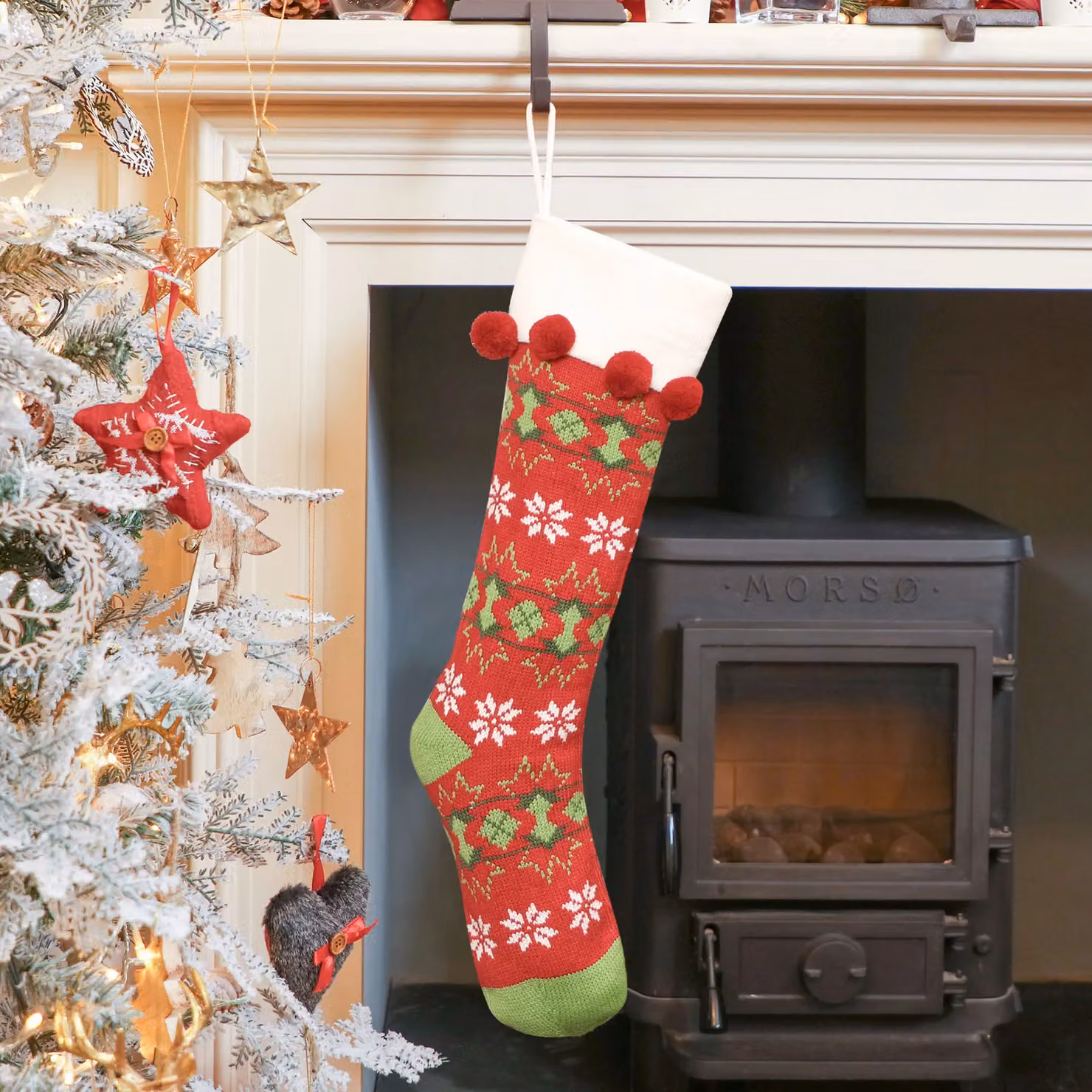 Dibor Set of 2 Red Fair Isle Knitted Christmas Stockings with Pompoms – 2