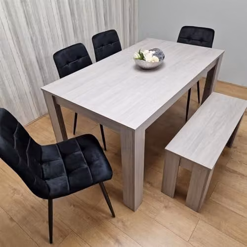 KOSY KOALA Modern 6 Seater Dining Set with Rectangular Light Grey Table, 4 Black Velvet Chairs and 1 Bench, W/D/H: 140 x 80 x 75 cm – 1