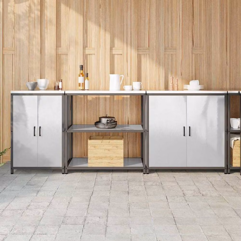 Berkfield Home 3-Piece Industrial Kitchen Storage Set in Silver Stainless Steel with Hinged Doors and Open Shelving – 2