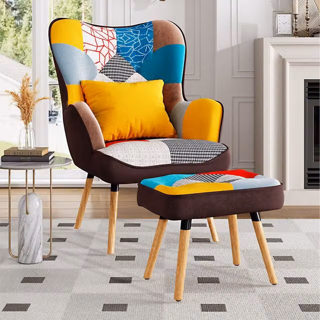 Livingandhome Multicoloured Brown Velvet Wingback Armchair and Matching Ottoman Set