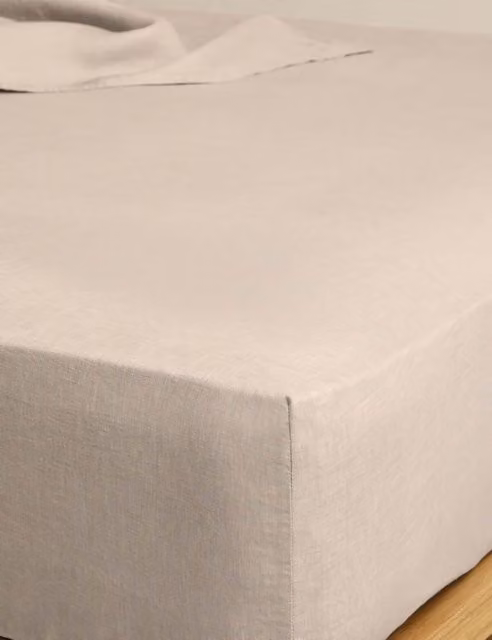 M&S Pure Linen Single 3 ft Deep Fitted Sheet in Beige