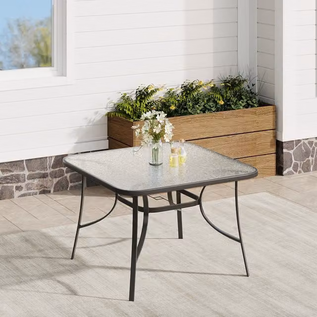 Komore Modern Round Black Tempered Glass Outdoor Table with Parasol Hole