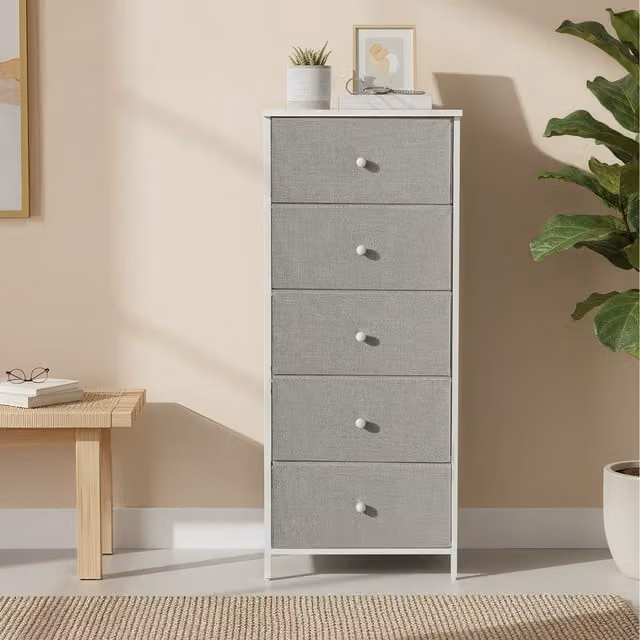 SONGMICS Modern 5-Drawer Fabric Storage Unit in Grey and White