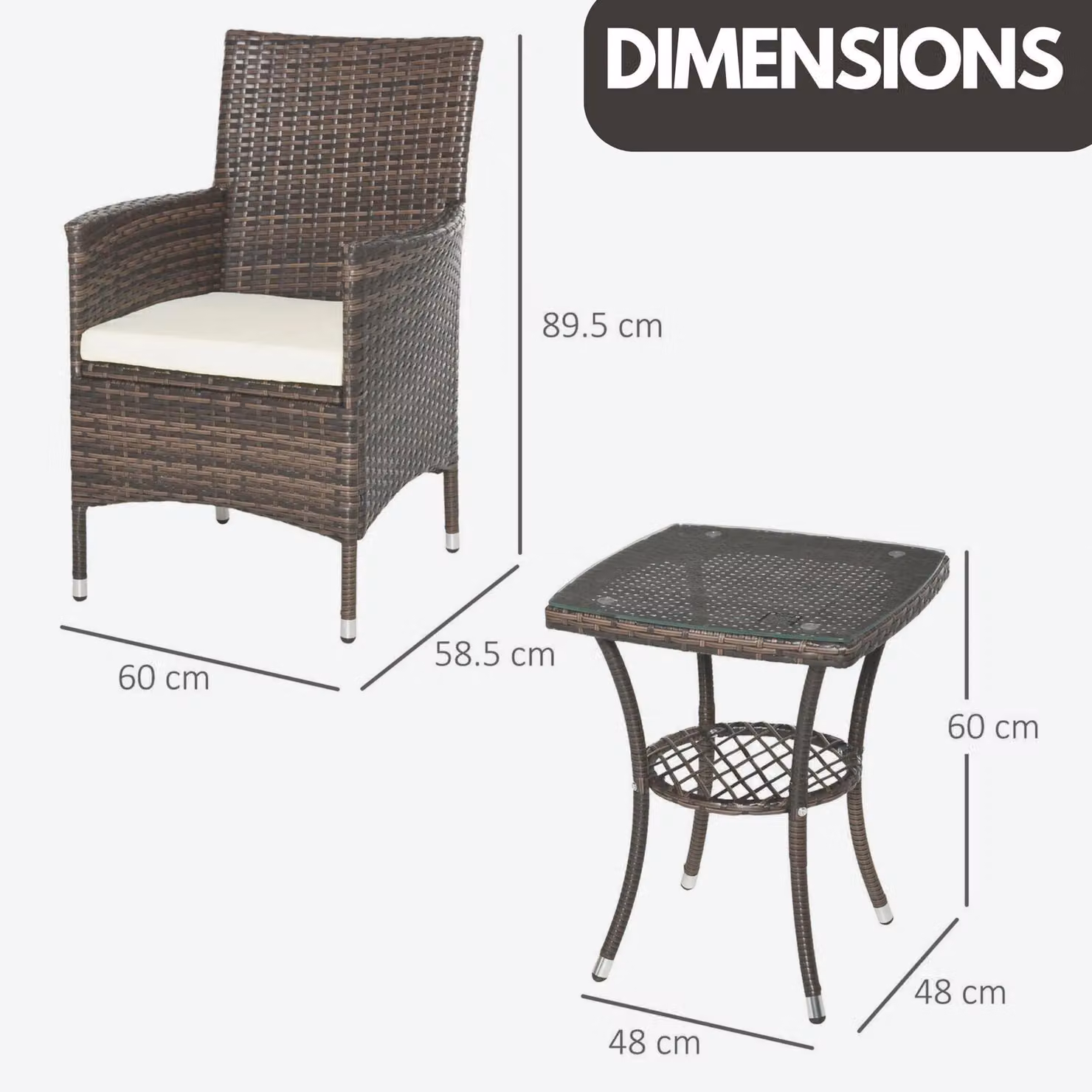 Rafaelo Mobilia Set of 3 Brown Rattan Garden Conversation Furniture Set with UV-Resistant Polyester Cushions and Powder-Coated Steel Frame – 3