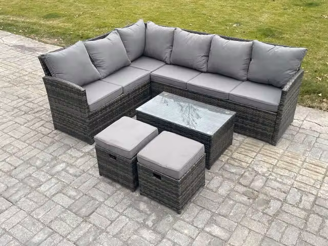 Fimous Rattan L-Shape Corner Lounge Sofa Set with Coffee Table and Ottomans in Grey